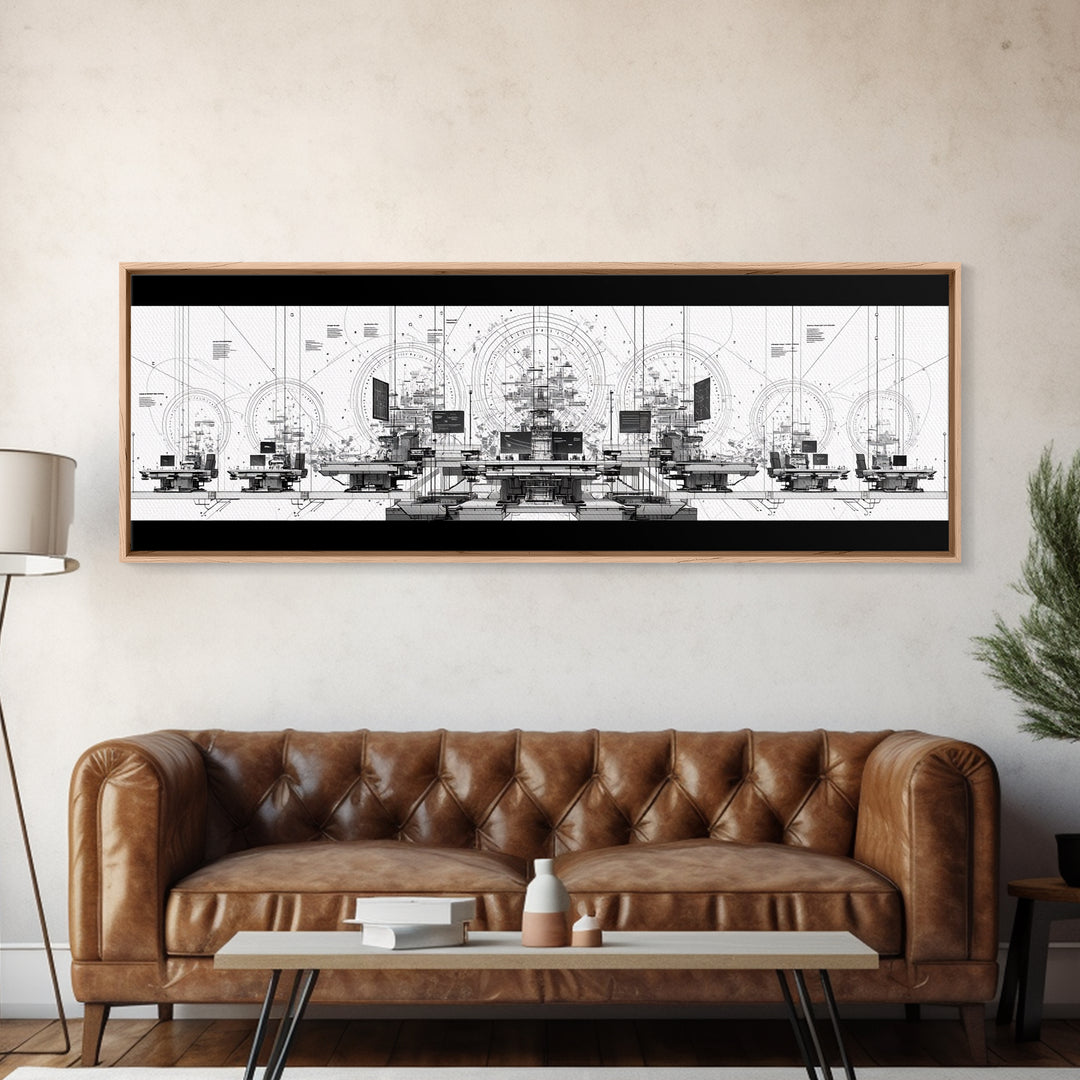 Black White Futuristic Control Room Framed Canvas Print, Modern Wall Art, Office Decor, Geometric Schematic Tech Art Gift