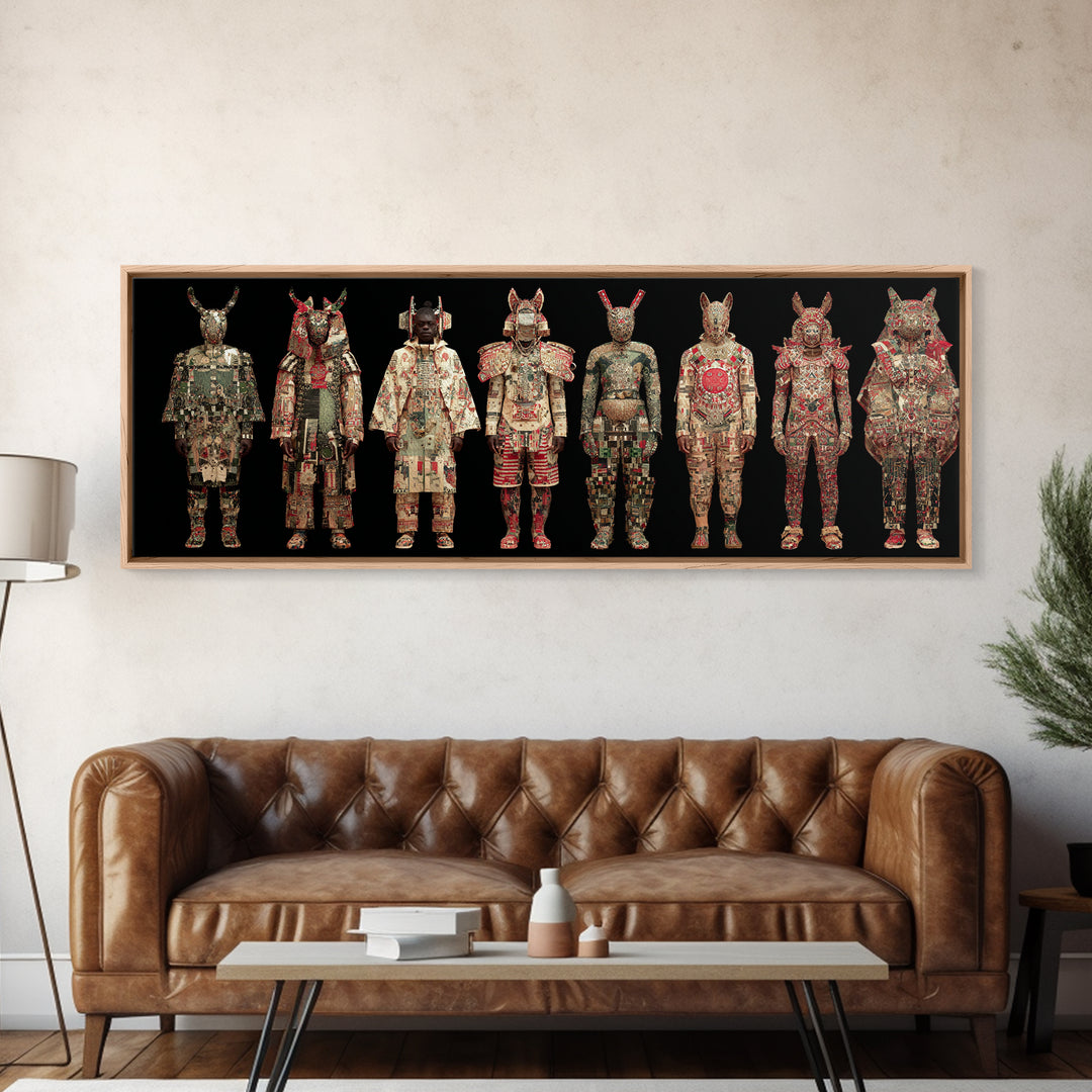 Ornate Masked African Warrior Lineup Canvas Print, African Tribal Art, African Mask Art, Bold Home Decor, Cultural Wall Art
