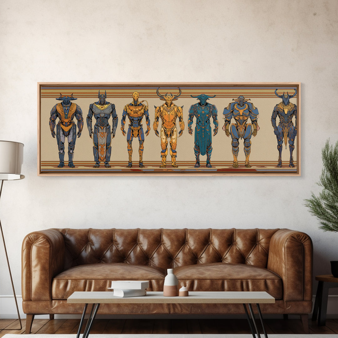 Horned Mythic Armored Warriors Framed Canvas Print, African Warrior Art, Tribal Art Decor, Modern African Art, Bold Wall Decor