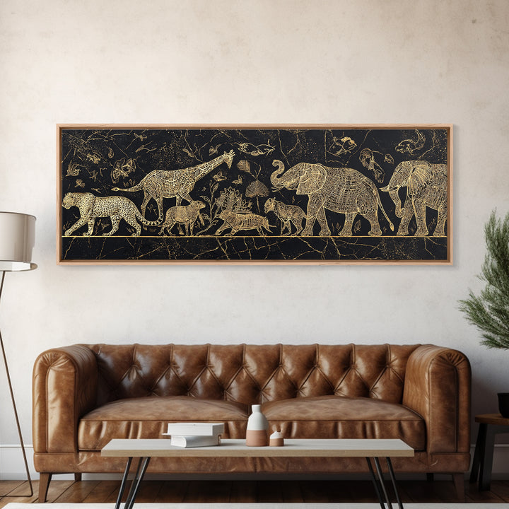 Gold Safari Animals On Black Wall Art, African Elephant, African Giraffes, Jungle African, Luxury Canvas Art, Safari Decor
