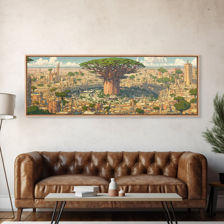 Giant Baobab Futuristic African City Wall Art, Panoramic Afrocentric Landscape Print, Modern Safari Decor Gift, Living Room Decor