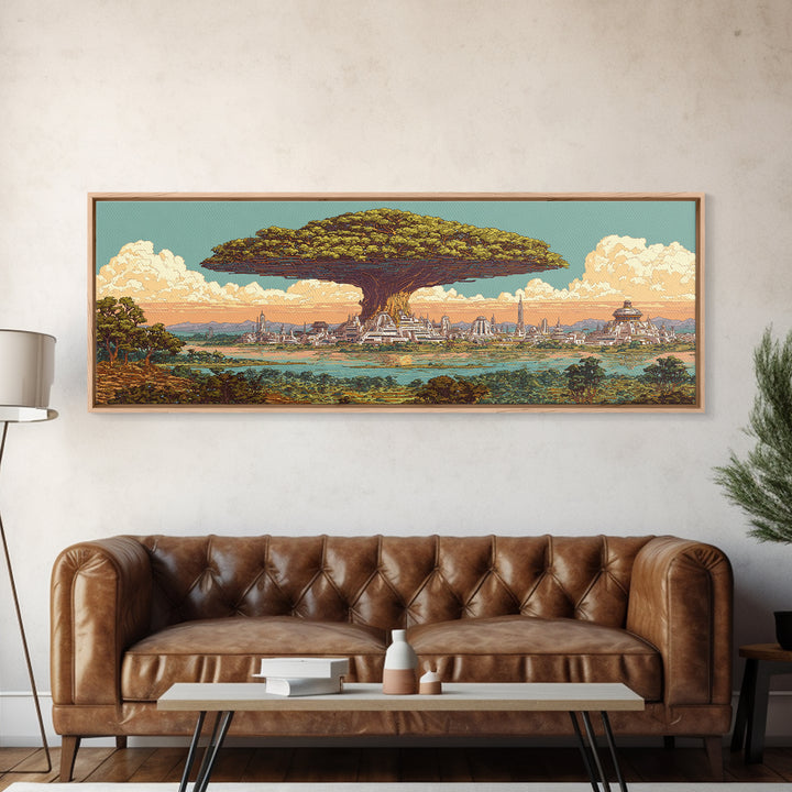 Floating Baobab Over African Lagoon Canvas Print, Fantasy Afrocentric Landscape, Serengeti Wall Decor, Nature Gift, Housewarming Gift