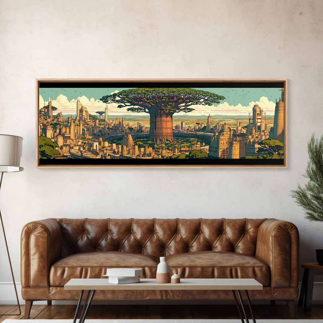 Colossal Baobab In Golden Futuristic City Framed Canvas Print, African Wall Art, Modern Afrocentric Office Decor, Large Statement Piece