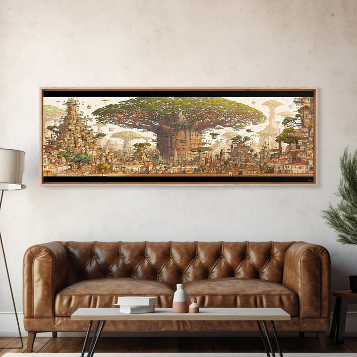 Ancient Baobab Rising Through African City Wall Art, Sepia Fantasy Landscape, Cultural Home Decor, Panoramic Print, Gallery Wall Decor