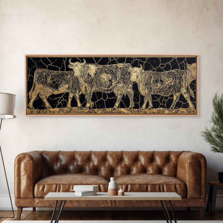 Gold Engraved African Cattle Herd Canvas Print, Black And Gold Safari Animal Art, Rustic Farmhouse Wall Decor Gift For Him