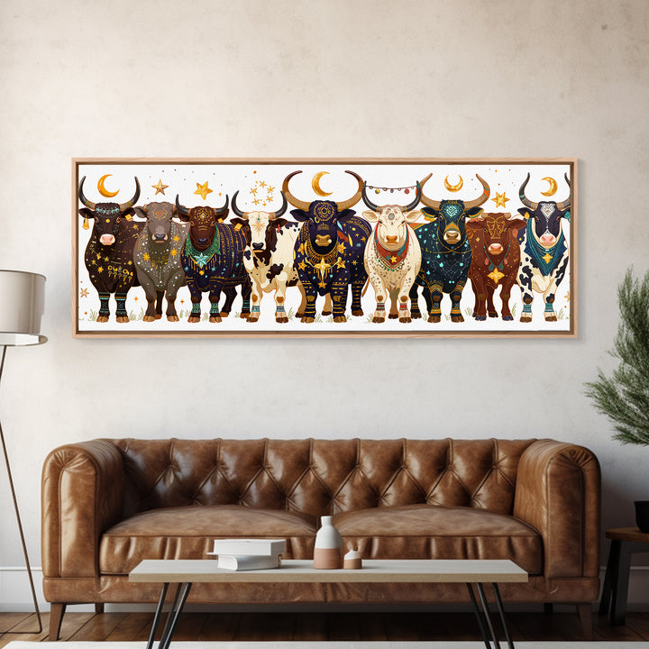 Celestial Boho African Bulls With Moon Charms Canvas Print, Colorful Safari Animal Wall Decor, Afrocentric Housewarming Gift