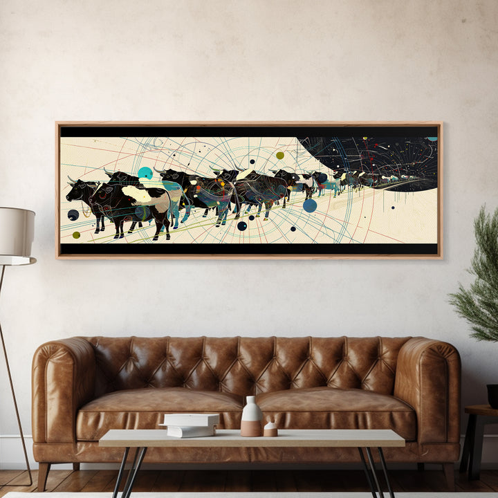 Abstract African Cattle Herd With Geometric Map Lines Framed Canvas Print, Modern Black Wall Art, Contemporary Office Decor