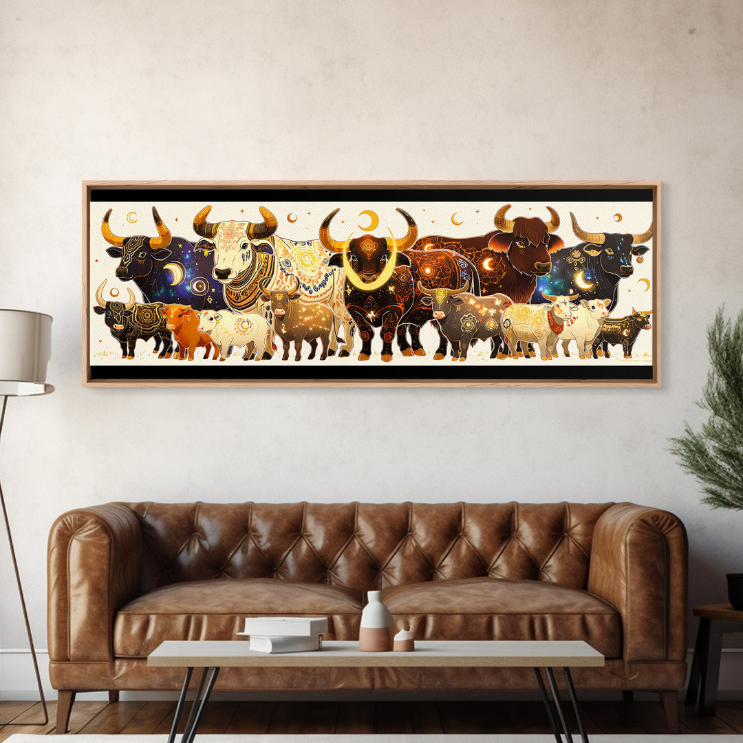 Ornate Celestial African Bulls And Calves Canvas Print, Moon Phase Safari Animal Wall Art, Boho Farmhouse Decor Gift For Her