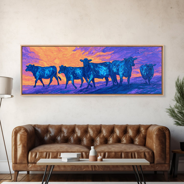 Blue Cattle Herd Walking At Sunset Wall Art, Colorful African Safari Animal Print, Dreamy Landscape Canvas Decor, Living Room Gift