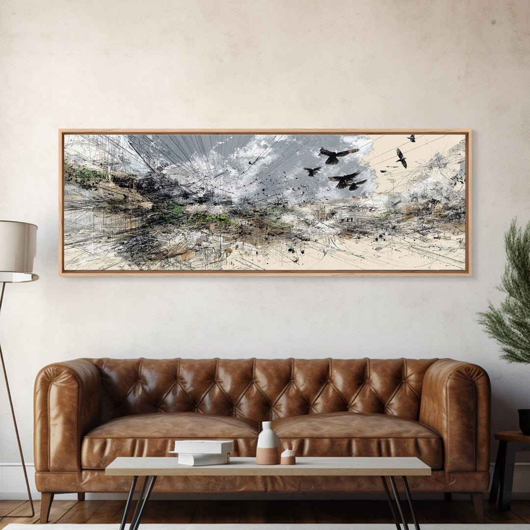 Stormy Abstract Birds Over Desert Horizon Wall Art, Modern African Inspired Landscape, Neutral Boho Large Canvas Decor Print