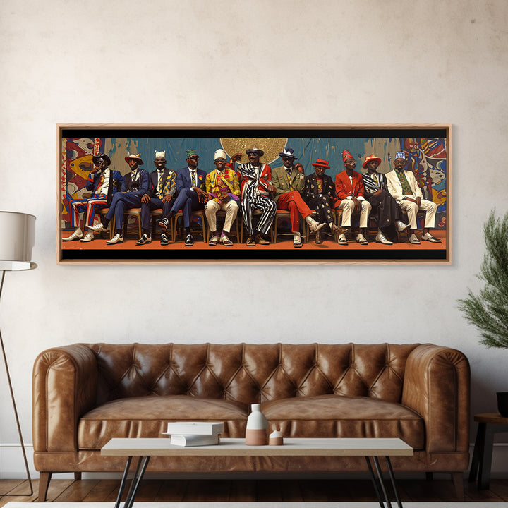 Seated African Dandy Chiefs In Colorful Suits Framed Canvas Print, Afrocentric Wall Decor, Black Culture Statement Art Gift
