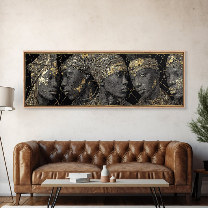 Gold Etched African Elder Profiles On Black Canvas Print, Elegant Tribal Portrait Wall Art, Luxury Afrocentric Home Decor