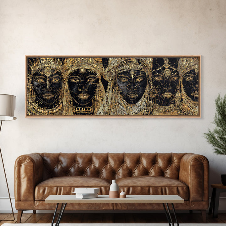 Regal Black And Gold African Queen Faces Framed Canvas Print, Goddess Portrait Wall Art, Luxury Afrocentric Home Decor Gift