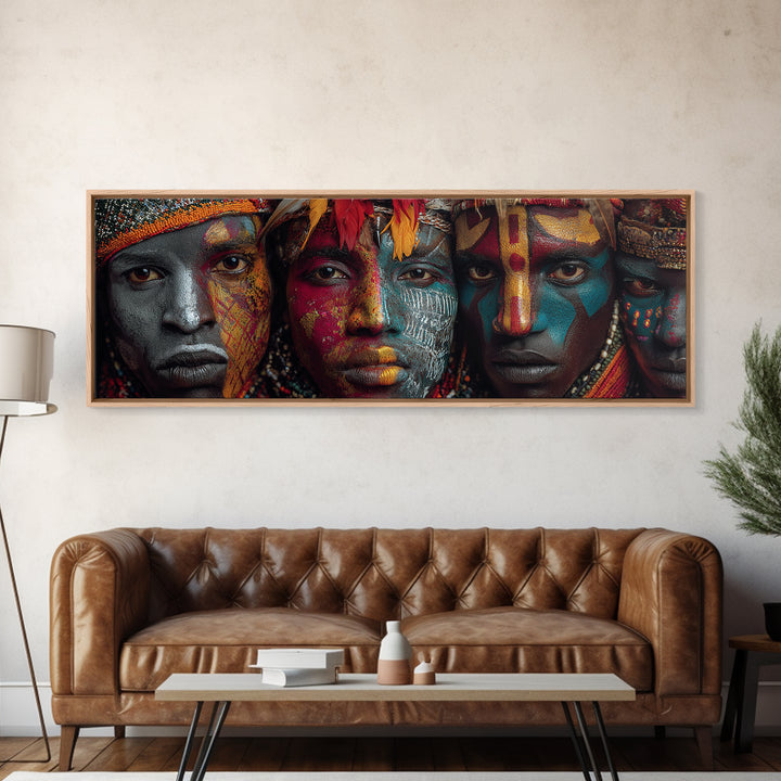 Intense Tribal Painted Faces With Feathers Wall Art, African Warrior Portrait Canvas Print, Bold Afrocentric Home Decor Gift