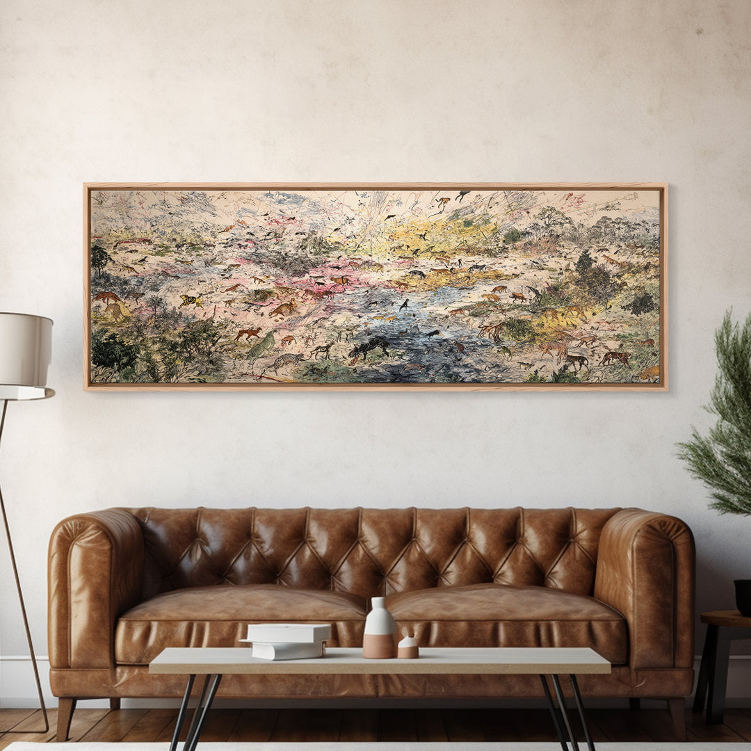 Abstract African Safari Landscape Canvas Print, Earth Tone Wildlife Migration Scene, Modern Home Decor For Living Room Wall