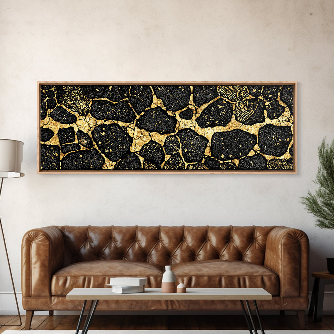 Black And Gold African Abstract Wall Art, Organic Stone Pattern, Luxury Tribal Decor For Elegant Living Room, Modern Geometric Canvas Print