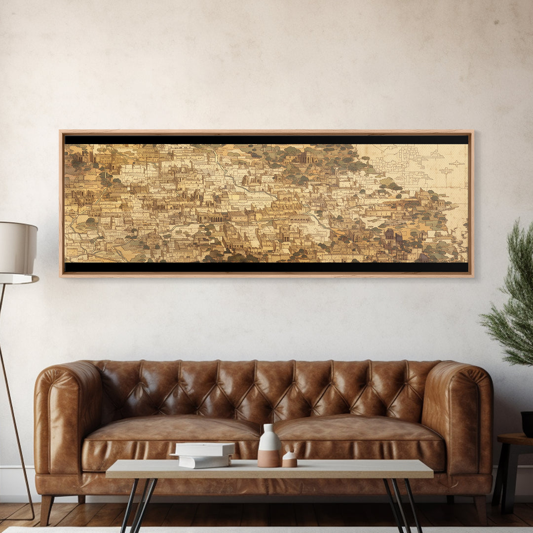 Sepia African Coastal Town Canvas Print, Historic Architecture Map Style, Neutral Cultural Wall Art For Office And Home Decor