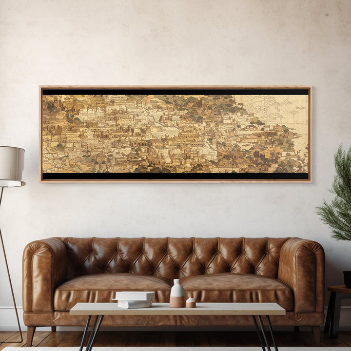 Sepia African Coastal Town Canvas Print, Historic Architecture Map Style, Neutral Cultural Wall Art For Office And Home Decor
