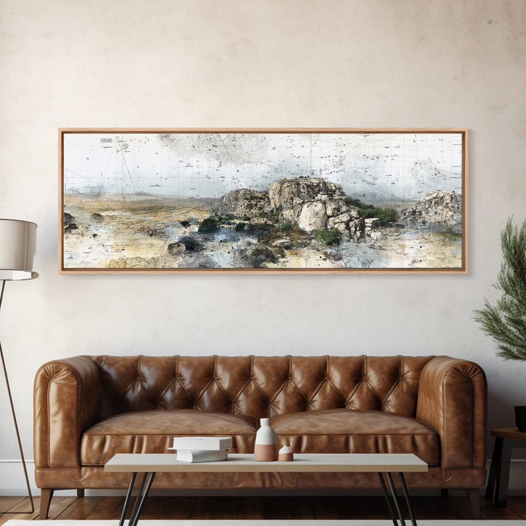 Rocky African Desert Landscape Wall Art, Vintage Map Texture, Neutral Safari Nature Scene, Modern Canvas Print For Office