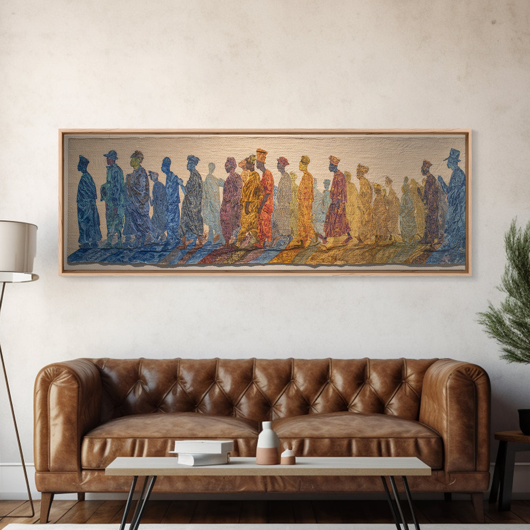 Walking African Silhouettes On Textile Wall Art, Mud Cloth Inspired Decor, Colorful Tribal Figures, Boho Cultural Print Gift