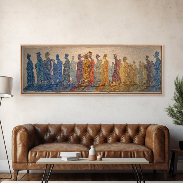 Walking African Silhouettes On Textile Wall Art, Mud Cloth Inspired Decor, Colorful Tribal Figures, Boho Cultural Print Gift