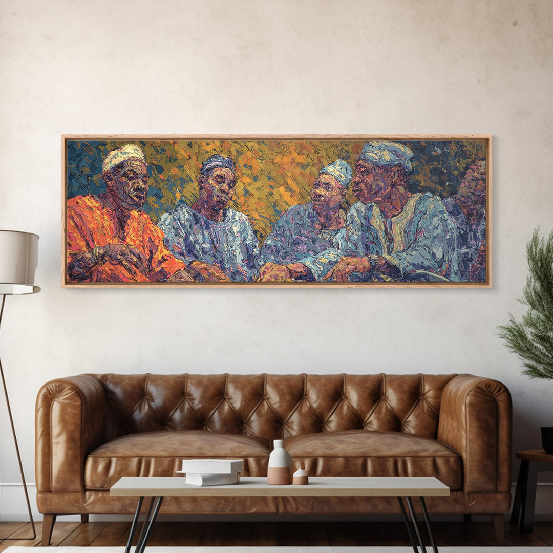 Elder African Men In Blue Robes Framed Canvas Print, Expressive Portrait Wall Decor, Cultural Painting, Afrocentric Art Gift