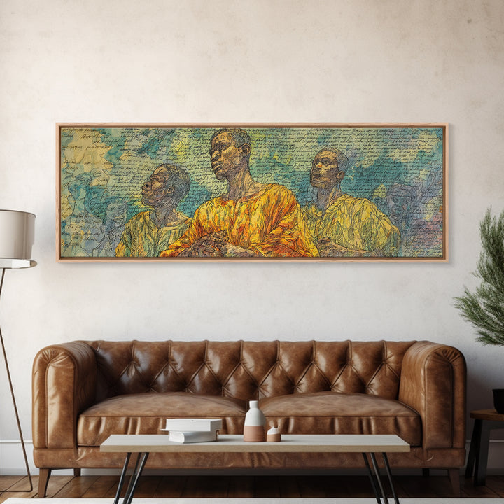 Three African Men Portrait Wall Art, Handwritten Script Texture, Yellow Blue Cultural Decor, Modern Afrocentric Canvas Print