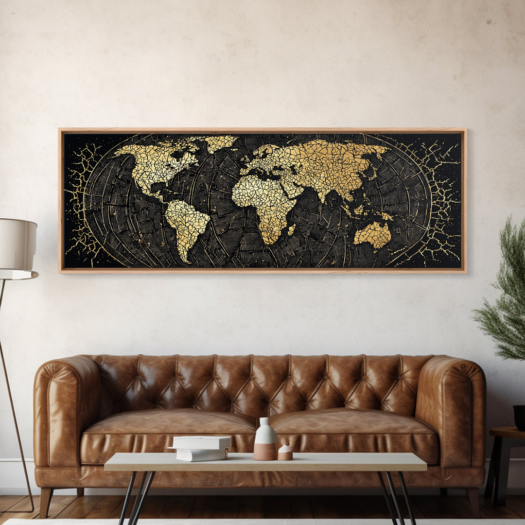 Gold Cracked World Map On Black Canvas Print, African Travel Wall Art, Luxury Home Decor, Modern Office Decor, Gift For Him