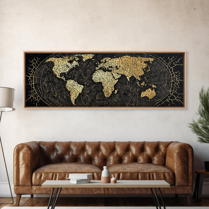 Gold Cracked World Map On Black Canvas Print, African Travel Wall Art, Luxury Home Decor, Modern Office Decor, Gift For Him