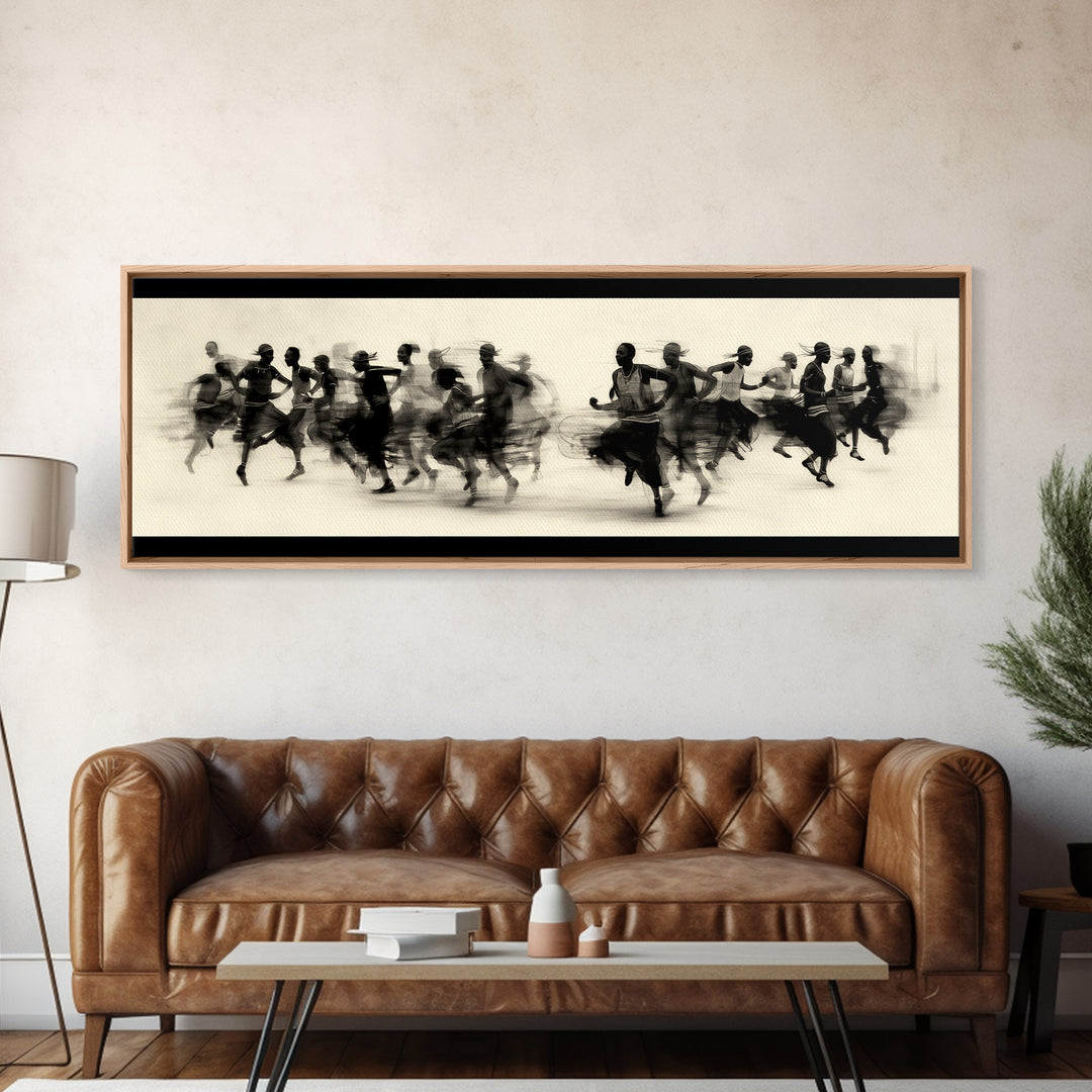 Panoramic Black Runners In Motion Wall Art, African Dance Art Print, Minimalist Charcoal Canvas Print, Modern Home Decor