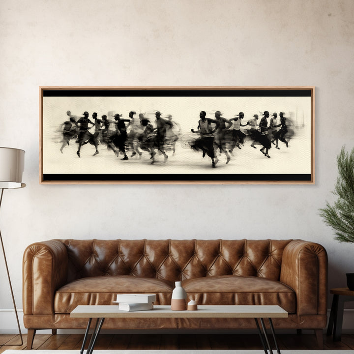 Panoramic Black Runners In Motion Wall Art, African Dance Art Print, Minimalist Charcoal Canvas Print, Modern Home Decor
