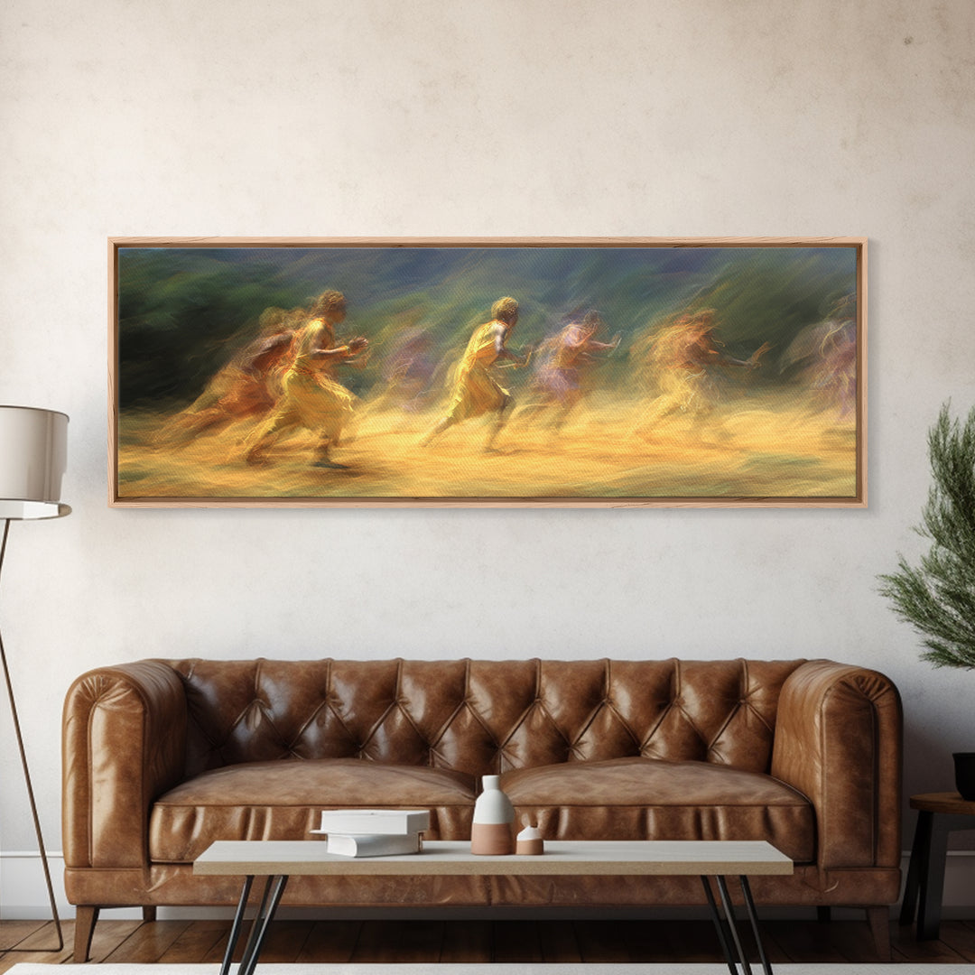 Sunlit Impressionist Runners Across Landscape Wall Art, African Inspired Canvas Print, Dreamy Nature Scene Art, Large Decor Art