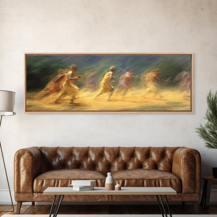 Sunlit Impressionist Runners Across Landscape Wall Art, African Inspired Canvas Print, Dreamy Nature Scene Art, Large Decor Art