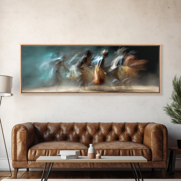 Blurred African Dancers In Blue And Amber Motion Wall Art, Afrocentric Canvas Decor, Cultural Dance Print, Living Room Art