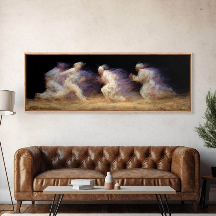 Ghostly African Runners In Sand And Violet Motion Canvas Print, Abstract Black Art, Athletic Dance Decor, Modern Wall Decor