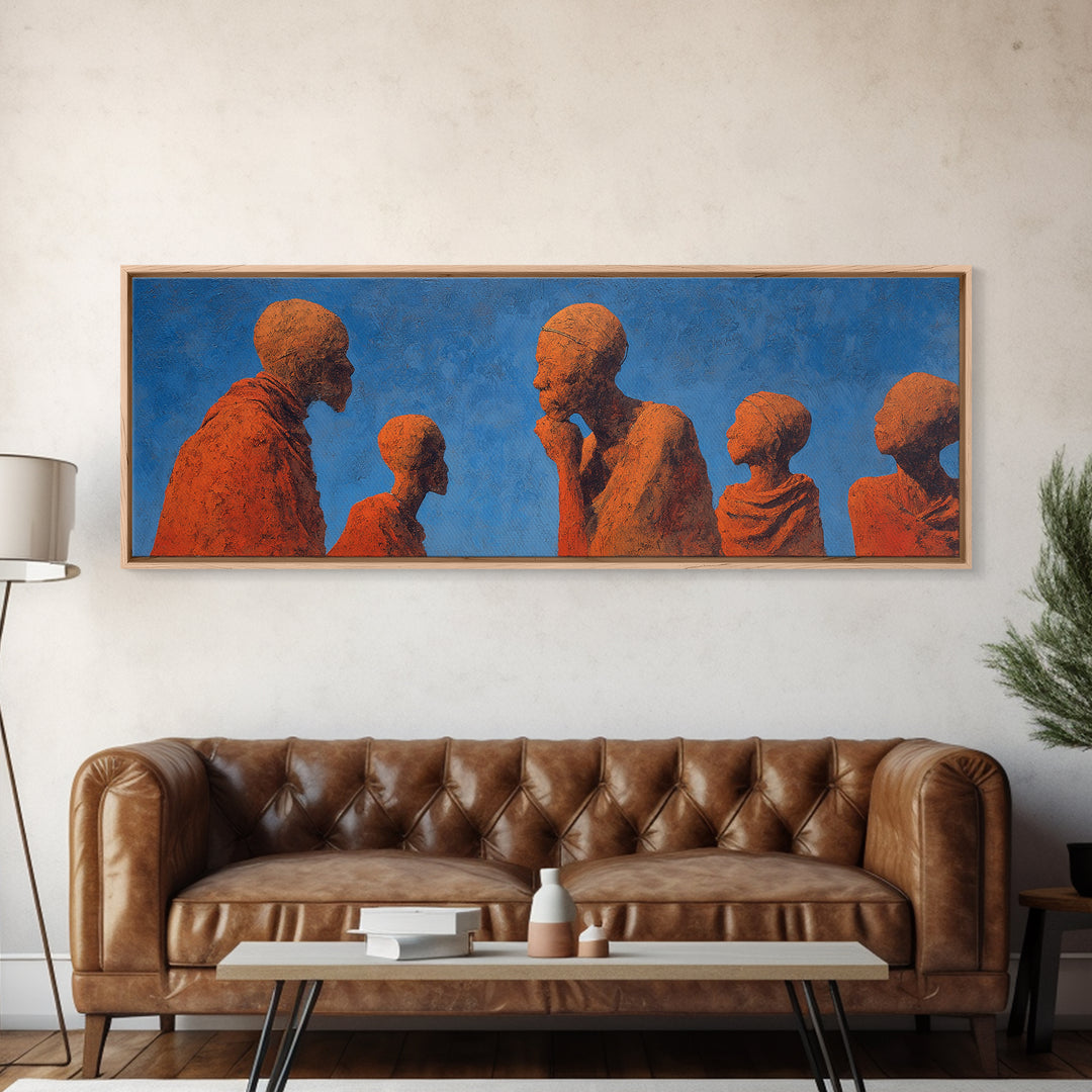 Terracotta African Figures Sharing Stories On Blue Wall Art, Tribal Family Decor, Cultural Portrait Print, Warm Minimalist Art