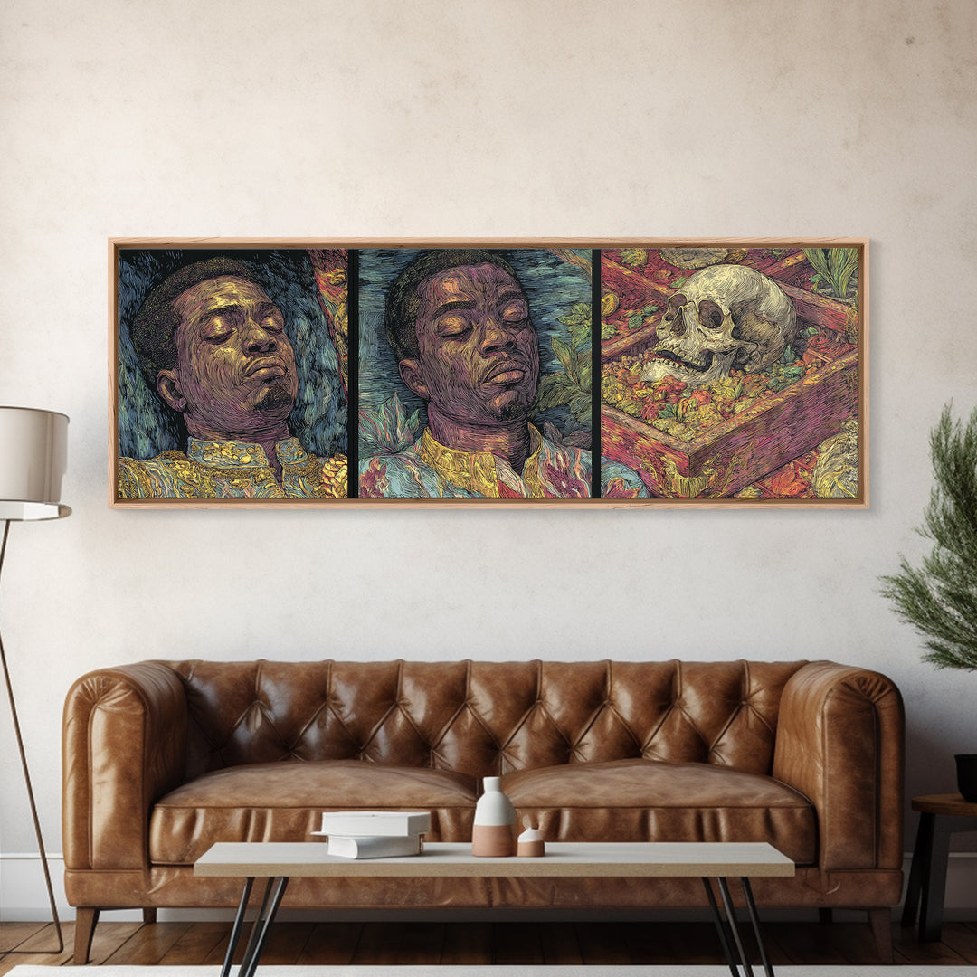 Triptych African Man Portrait With Skull Still Life Canvas Print, Contemporary Black Art, Cultural Wall Decor, Gallery Art