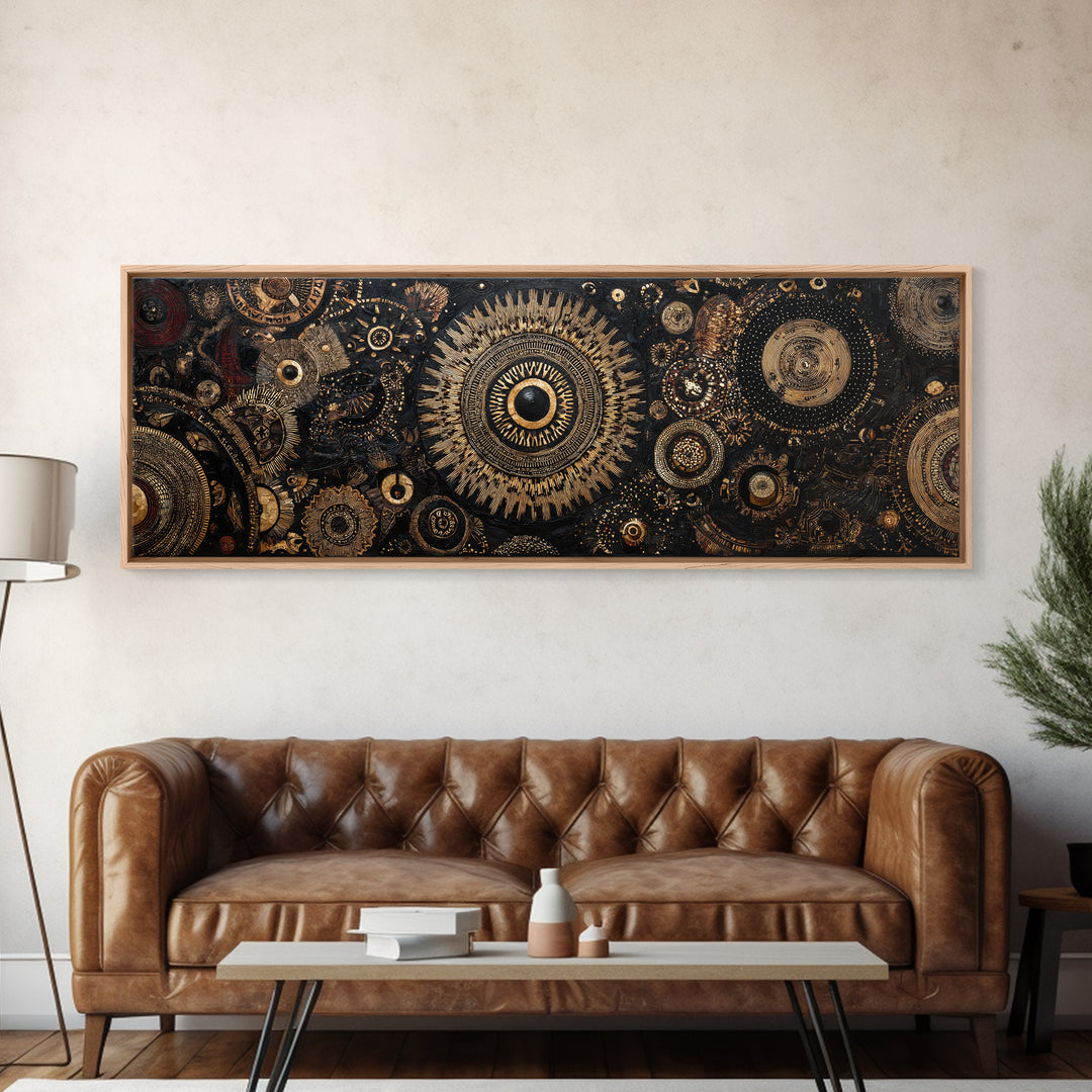 Ornate Black And Gold Mandala Gears Abstract Wall Art, Luxury Canvas Decor, Geometric Pattern Print, Elegant Home Decor Art
