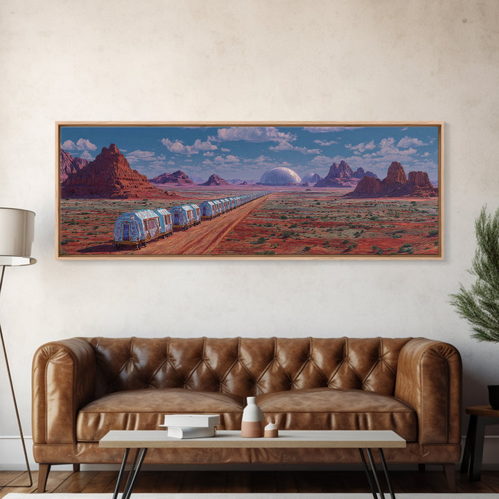 Futuristic Desert Train Crossing Red Plains Canvas Print, African Landscape Wall Art, Modern Canvas Art, Large Home Decor