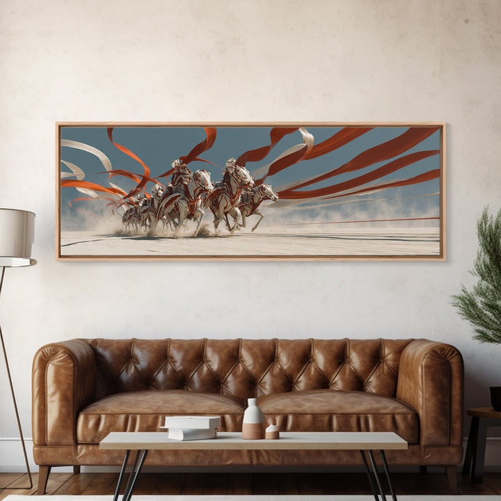 White Horses And Chariot Riders With Flowing Ribbons Wall Art, African Warrior Art, Equestrian Canvas Print, Statement Decor