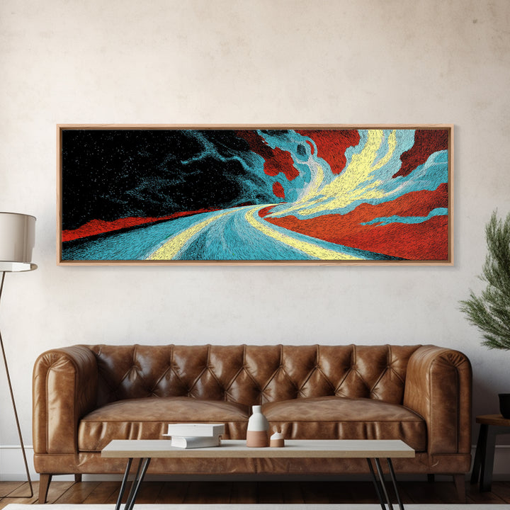 Electric Desert Highway Wall Art, Abstract Red Turquoise Road, Modern Canvas Decor, Large Statement Art For Living Room Decor