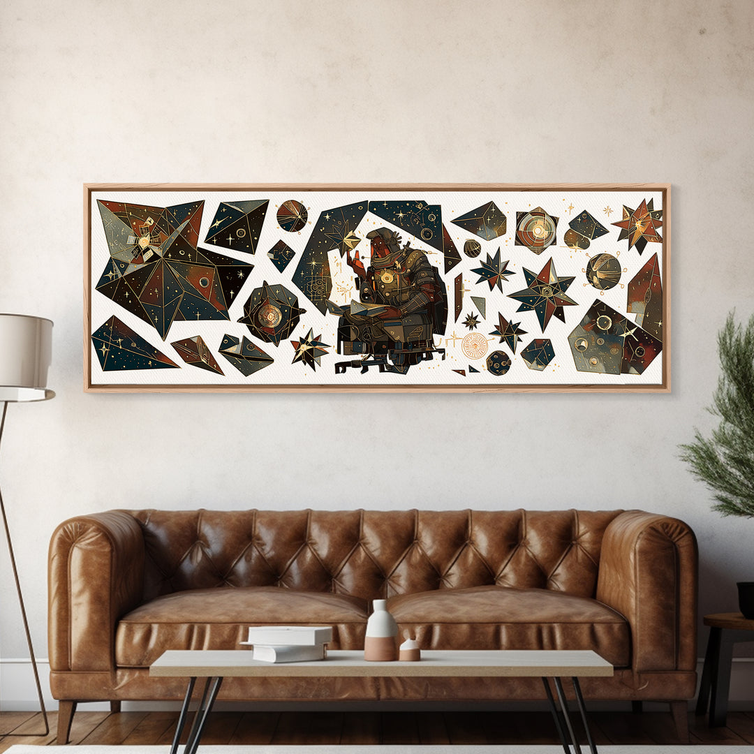 Celestial African Scholar Wall Art, Geometric Stars And Astronomy Decor, Afrocentric Canvas Print For Office Or Study Room