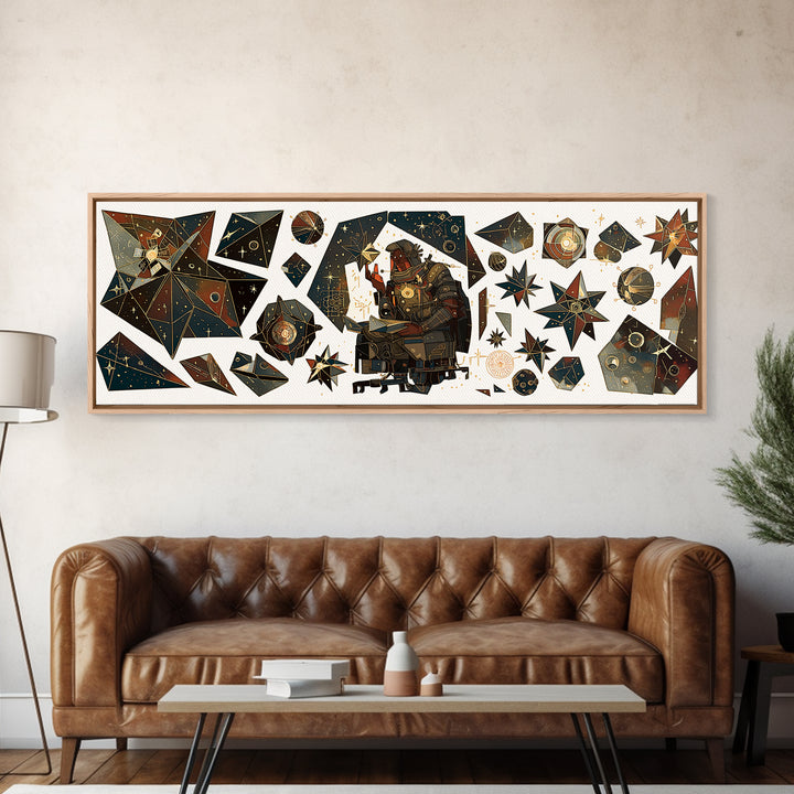 Celestial African Scholar Wall Art, Geometric Stars And Astronomy Decor, Afrocentric Canvas Print For Office Or Study Room