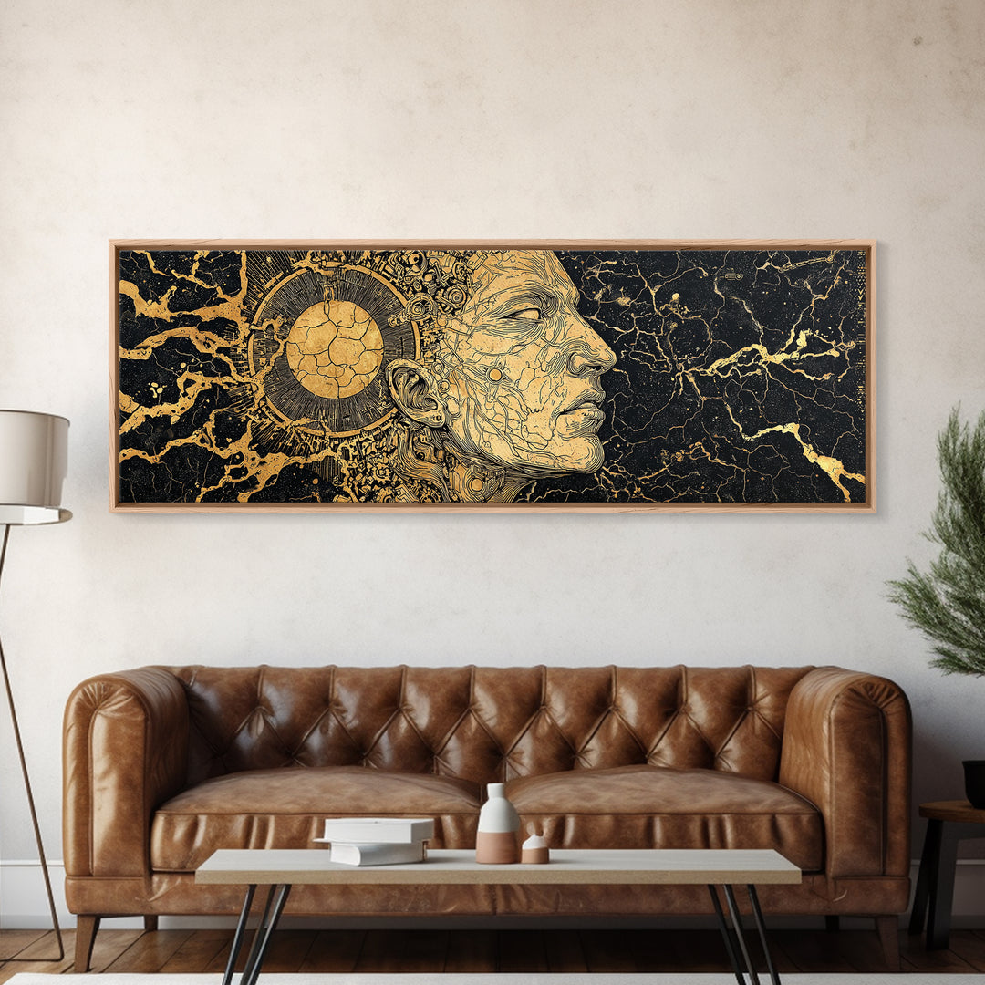 Golden Ancestral Profile Wall Art, African Portrait Linework, Black And Gold Cultural Canvas Print, Elegant Home Decor Gift
