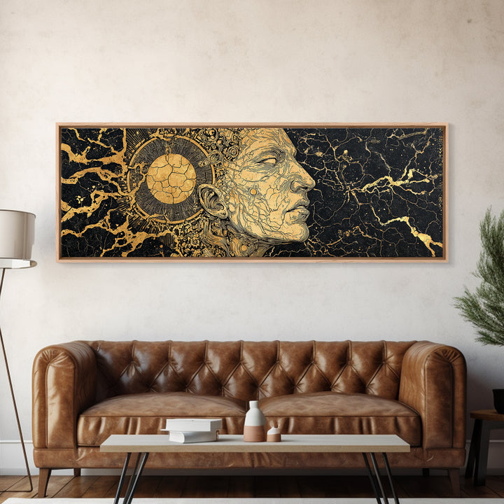 Golden Ancestral Profile Wall Art, African Portrait Linework, Black And Gold Cultural Canvas Print, Elegant Home Decor Gift