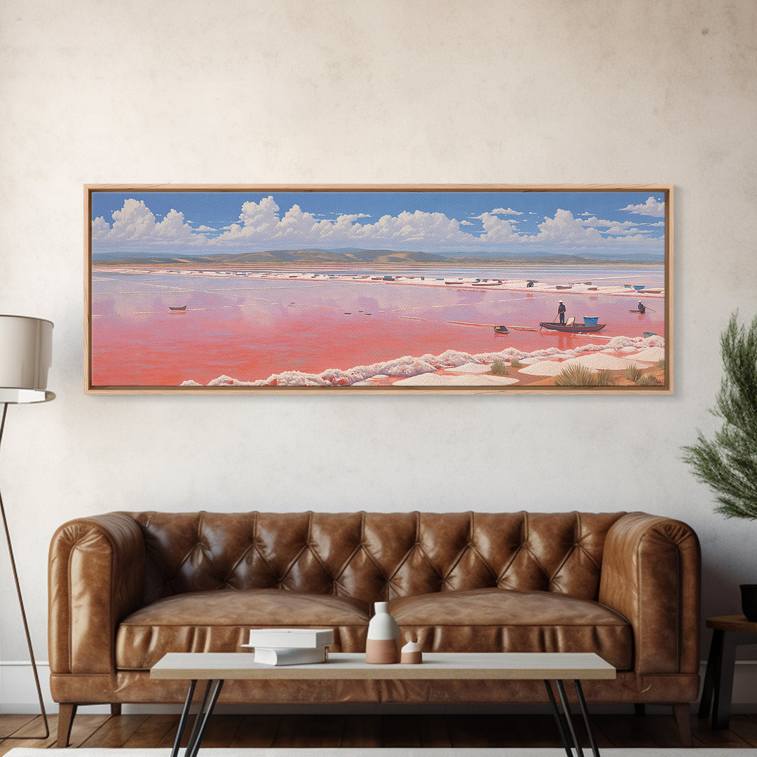 Pink Salt Lake Boats Wall Art, Pastel African Landscape, Coastal Travel Poster, Serene Canvas Decor For Living Room Gift