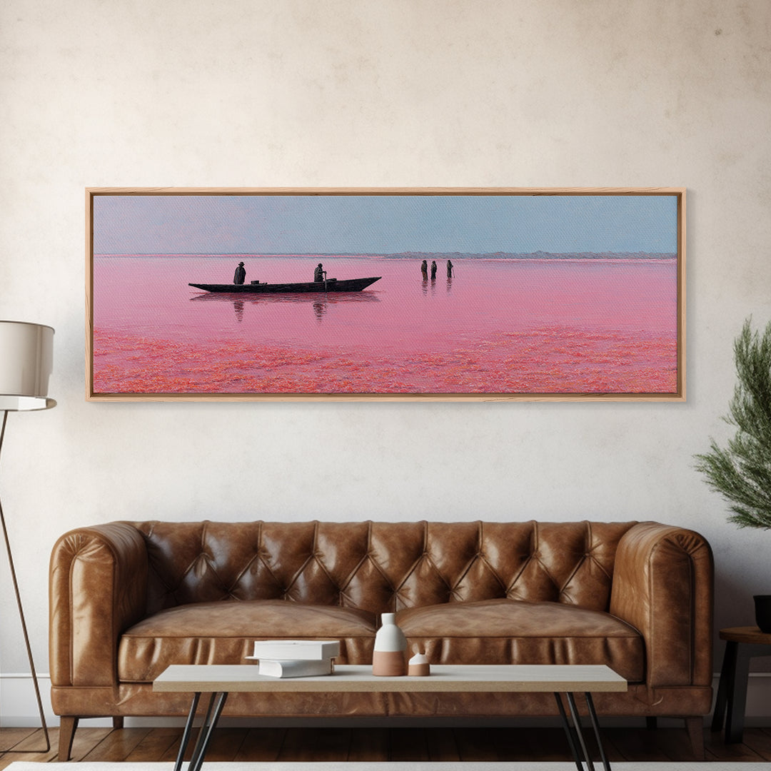 Minimal Pink Lake Boat Wall Art, African Seascape Print, Black Silhouette Decor, Calm Pastel Landscape For Bedroom Wall Decor