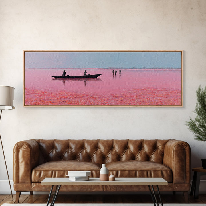 Minimal Pink Lake Boat Wall Art, African Seascape Print, Black Silhouette Decor, Calm Pastel Landscape For Bedroom Wall Decor