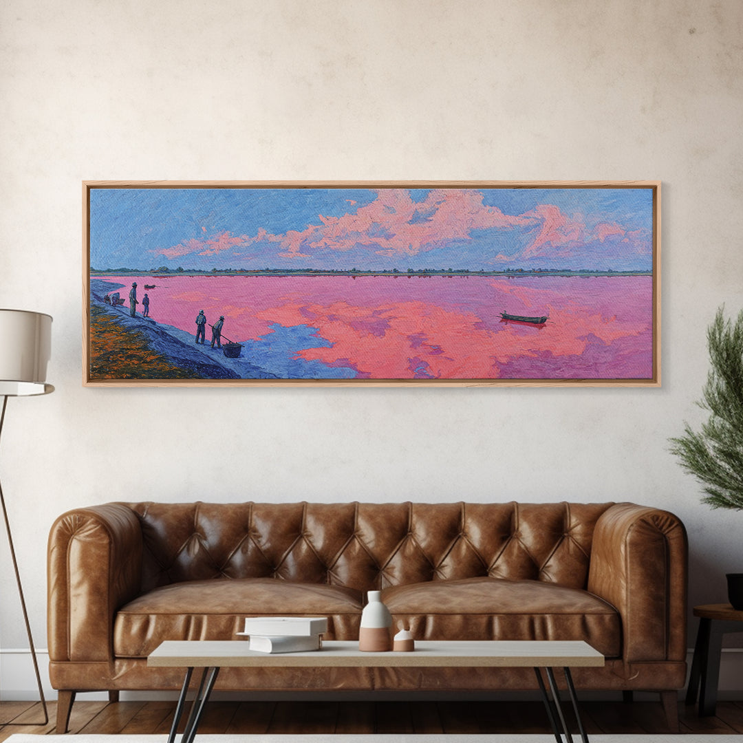 Pastel Pink Lake Sunset Canvas Print, African Landscape With Boat, Dreamy Wall Decor, Modern Coastal Art For Living Room