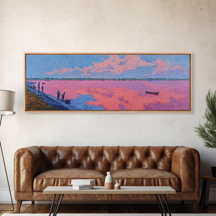Pastel Pink Lake Sunset Canvas Print, African Landscape With Boat, Dreamy Wall Decor, Modern Coastal Art For Living Room